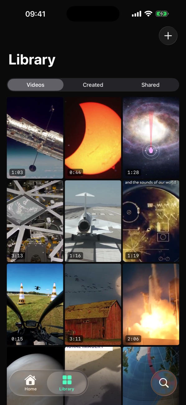 Library: videos, edited and shared tabs above a grid of videos