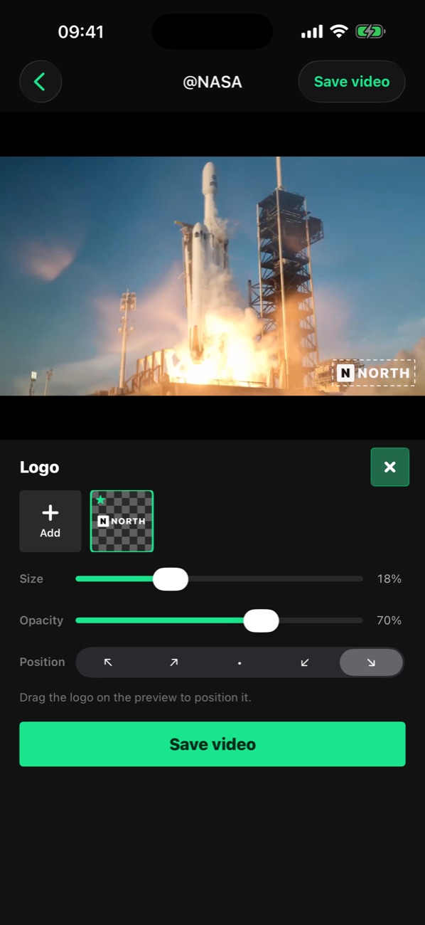 Logo screen: a logo in the corner of a rocket launch video, size, opacity and position controls below